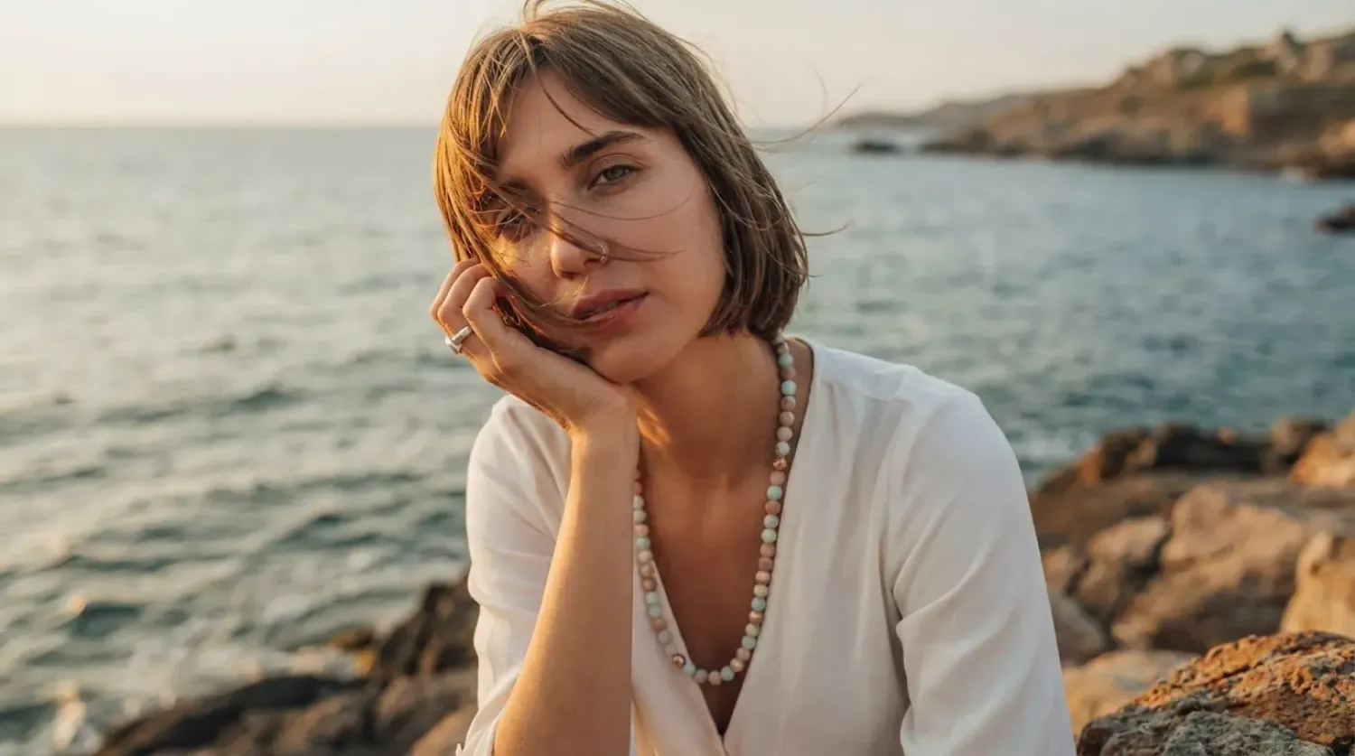 Halskette Sally Sterling Silber mit Amazonit & Sonnenstein Perlen